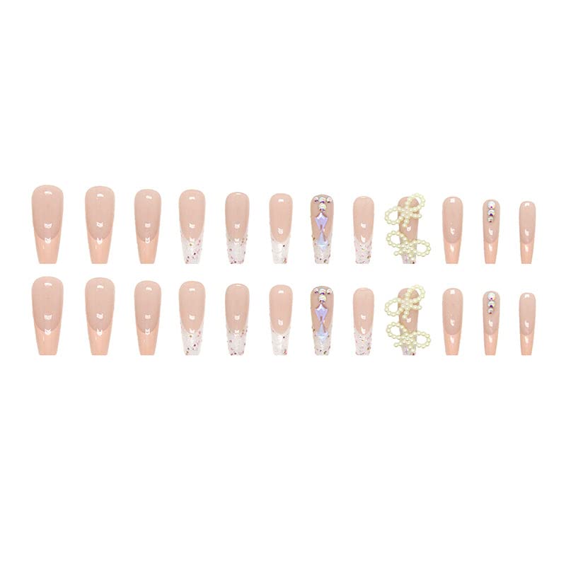 Pressione Doubnine na unhas Super Long Coffin Rosa Pérola Pérola Strass 3D Nude French Glos