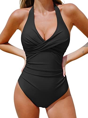 Cupshe Women One Piece Swimsuit Deep V Neck Tummy Control Halter Halter Twisted Backless Bathing Suits