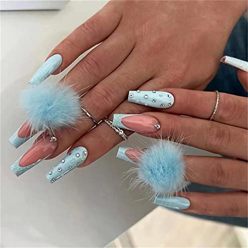 Caixão Longo Falso Unhas Tampa completa com cola Pressão de inverno azul de cola de cola no unhas 24 peças dicas de arte para unhas