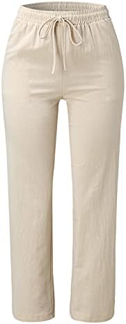 Calça de linho de algodão wocachi calça elástica da cintura larga Palazzo lounge Cantura Coloque as calças casuais com bolso