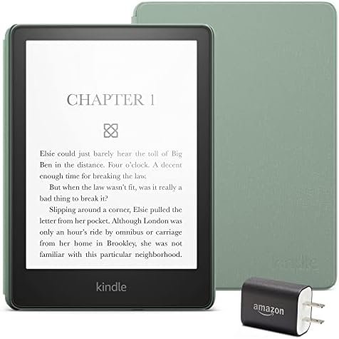 Pacote Essentials do Kindle Paperwhite, incluindo Kindle Paperwhite - Agave Green, Cover de couro - Agave Green e adaptador de energia