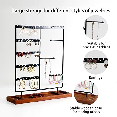 Porta de brinco de metal de 5 camadas com bandeja de madeira, colares de torres de jóias para armazenar brincos, pulseiras, colares e anéis
