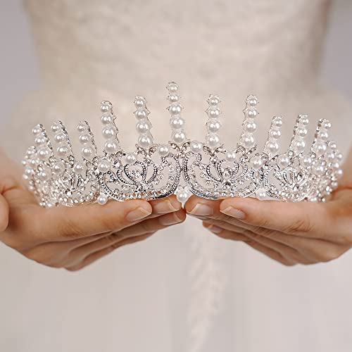 Jwicos Pearl Tiaras for Women Pearl Wedding Tiara for Bride Silver Queen Crown Capace