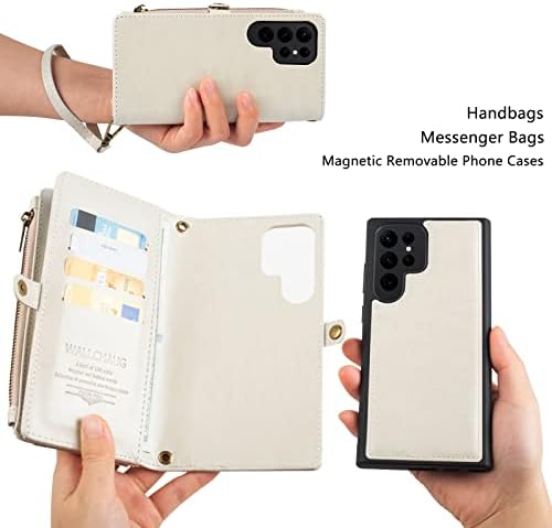 Caixa da carteira de parede para Samsung Galaxy S23 Ultra - Carregamento sem fio, bloqueio RFID, pulseiras e tiras de ombro, design