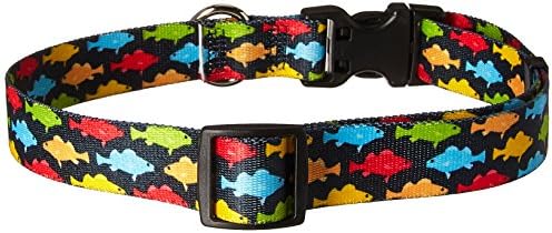 Design de cão amarelo Rainbow Fish Black Dog Collar, X-Small-3/8 de largura e se encaixa no pescoço de 8 a 12