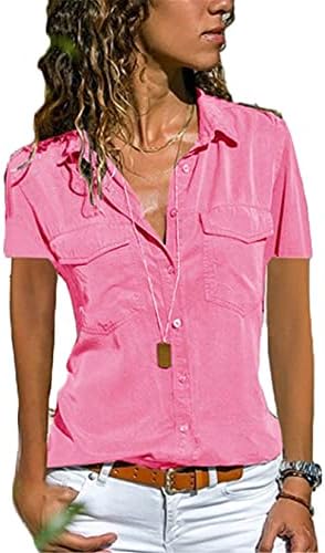 ANDONGNYWELL Women's Lapela de manga comprida camisas tops simples Bolsos de abaixar de tamanho grande
