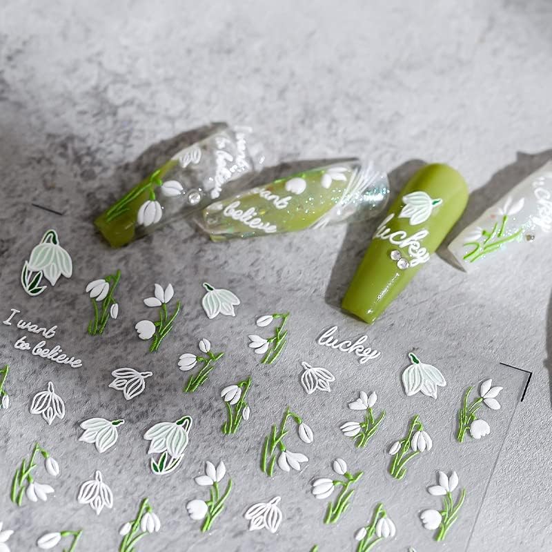 White Elegante Lily Floral 5D Adesivos de unhas auto -adesivas Decalques de unhas em relevo para mulheres Manicure Nails Sliders decoração -