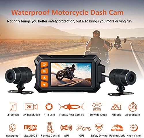 ZOMFOM MD30 DUAL 2K 30FPS/1080P 60FPS Câmera de motocicleta, toda a campanha à prova d'água Cam 3 '' dianteira e traseira LCD de