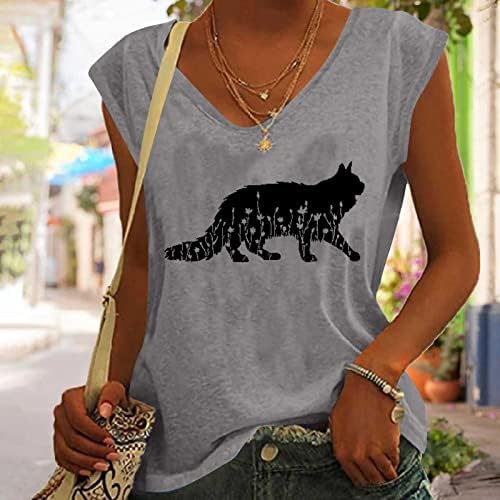 Camisetas sem mangas de verão para mulheres Tanques de decote em V Tampas de gato floral imprimir camisetas gráficas camisetas casuais blusas de túnica solta