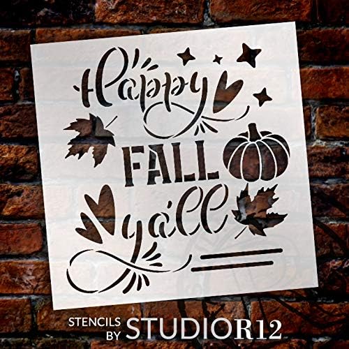 Happy Fall Yall estêncil por Studior12 | DIY Autumn Farmhouse Home Decor | Craft & Paint Wood Sign | Modelo Mylar reutilizável