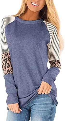 Camisas de manga comprida para mulheres, outono feminino e inverno com estampa de leopardo listrado no pescoço redondo de manga