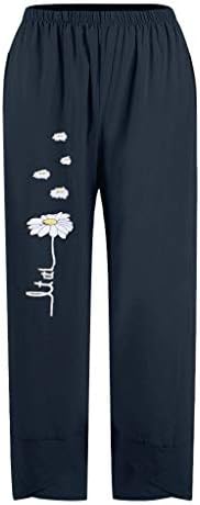 Linen Daisy Print Women Capri Pants para o verão Lightweight Fit Fit Capri Capri Pants for Women Wide perna elástica