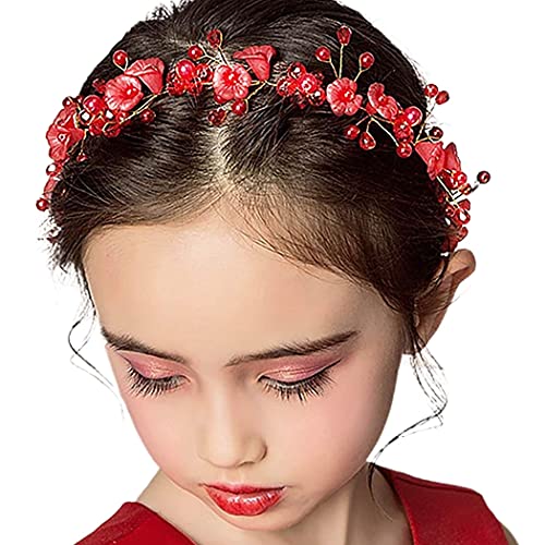 Campsis Princess Flower Headpied Red Crystal Band fofo Pearl Hair Acessórios
