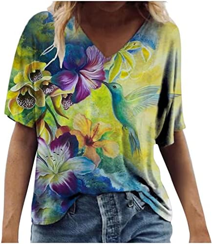 Tops de manga curta feminina Tops de colorido de flor de flor camiseta de túnica casual Camisetas de ajuste solto