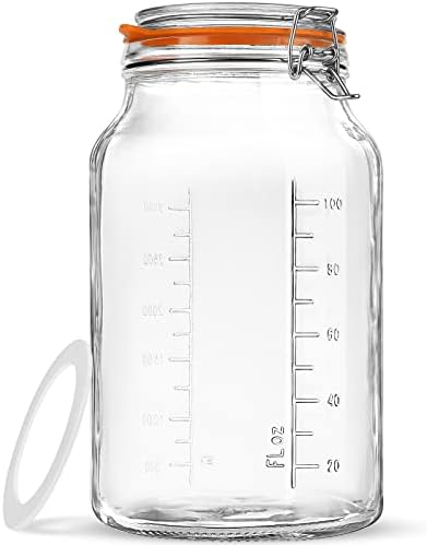 Folinstall super largo Jarra de armazenamento de vidro de boca larga com tampas herméticas, 1 galão de frascos de pedreiro com 2 marcas de medição, jarro de picles com grande capacidade de 128 onças/4100ml, contêineres de aveia durante a noite com tampas