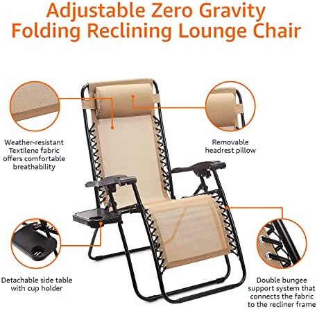 Cadeira de gravidade zero zero da com mesa lateral, conjunto de 2, bege