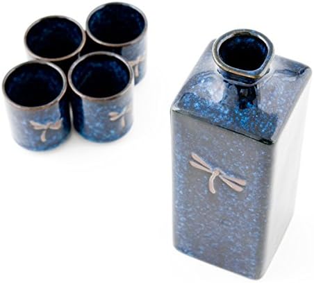 Autêntico Japonês Japonês Blue Dragonfly Tombo Certo de cerâmica com 14 FL OZ Tokkuri Bottle e quatro 1 FL OZ OCHOKO Cups Gift Greet