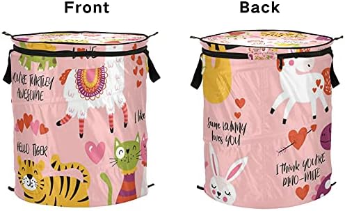 Animais fofos Configurar o cesto de lavanderia com tampa de zíper cesta de roupa dobrável com alças Organizador de roupas de cesta de armazenamento colapsável para a roupa de lavanderia