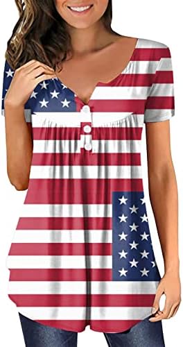 4 de julho Tunics for Women American Flag Hide Belly Fat Tshirts Camisetas de verão Casual Manga curta Button Up V Bloups