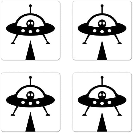 Conjunto de montanha -russa alienígena de Ambesonne de 4, Monochrome UFO Carneco Local Spaceship Galaxy Travel Print simplista Arte, montanhas -russas quadradas quadradas, tamanho padrão, cinza a carvão e branco
