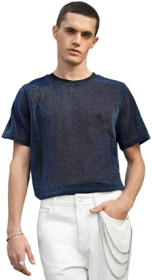 Verdusa Glitter Sheer Mesh Round pescoço de manga curta Clubwear camiseta Tops de camiseta