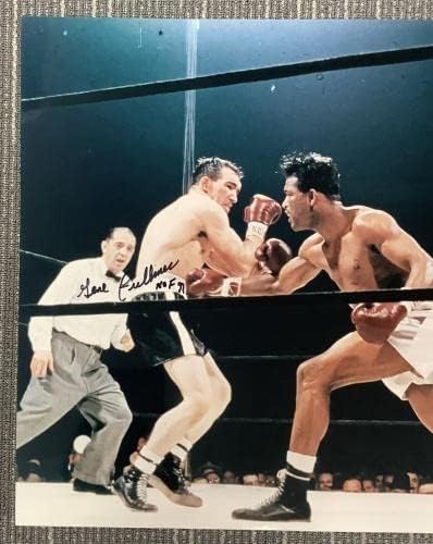 Foto de Gene Fullmer assinada 16x20 Boxing Insc Auto vs Sugar Ray Robinson Hof JSA - Fotos de boxe autografadas