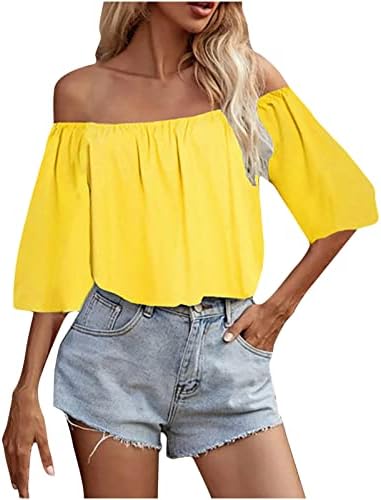Pimoxv Womens Summer Solid Off the ombro tops 3/4 manga Bloups de camiseta ruched