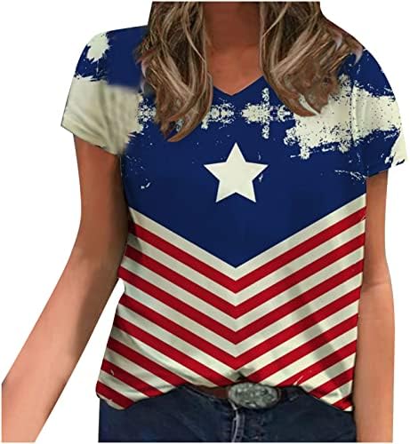 Camiseta do dia da independência para mulheres camisetas de impressão de bandeira americana v pescoço de manga curta tops de