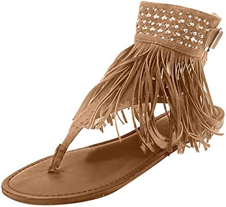 Sandálias femininas 2021, sandálias de gladiadores abertas de pé casual no verão boho praia sandal romano sapatos t strap tassel apartamentos