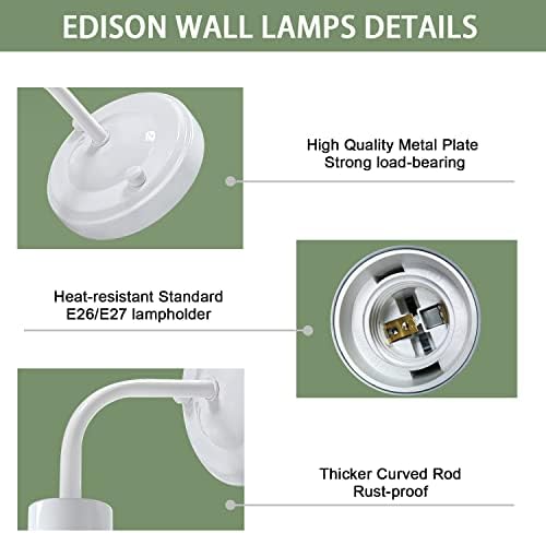 PNLIARN Plugue luminárias de parede de Edison, arandelas industriais Conjunto de duas lâmpadas de parede vintage com cordão 70,87in, mini arandelas iluminadas com interruptor ligado/desligado, ajustável para cima/para baixo, para o quarto