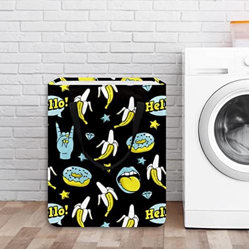 Doodle Funny Donuts Banana Rock Stars Padrão Prind Print Collapsible Laundry Horty, 60L de lavanderia à prova d'água Bestas de lavagem de roupas de roupas de roupas para dormitórios para o dormitório quarto do banheiro