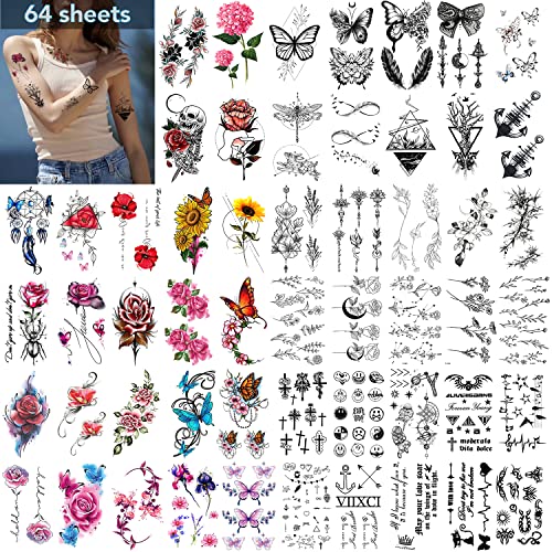 64 folhas de tatuagens temporárias de flores e borboletas para mulheres e meninas - adesivos de tatuagem falsa adesiva