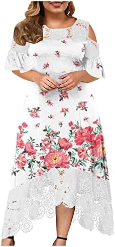 Vestidos de ombro frio de tamanho grande para mulheres vestido de renda de crochê curta de manga curta, veja através do vestido casual boho floral de penas