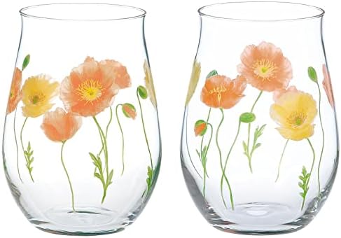 東洋 佐々 木 ガラス Toyo Sasaki Glass Tumbler Par, padrão de papoula Hanafumi, feito no Japão, lavadora de louça, caixa de apresentação, clara, aprox. 13,5 fl oz, conjunto de 24