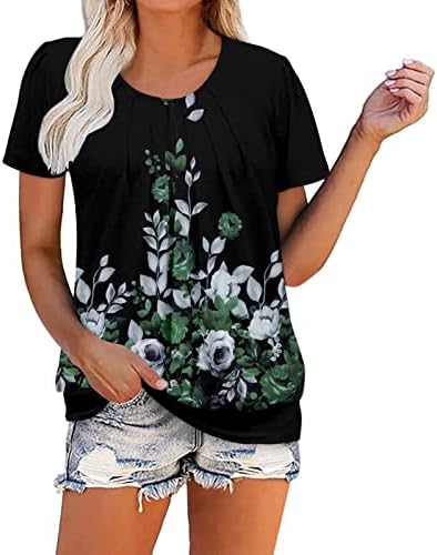 Anoo Graphic Relaxed Fit Tees para Womens Summer Summer outono de manga curta Crew pescoço plissado camisas de blusa ruched ladras