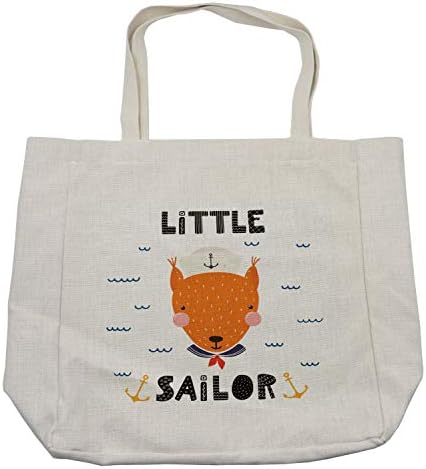 Ambesonne dizendo bolsa de compras, rabiscos temáticos marinhos com Fox e Little Sailor Typography and Anchors Waves, bolsa