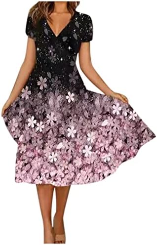 Vestidos casuais para mulheres, Moda de verão feminina Casual Impressão floral Manga curta Vestido de giro de decote em V