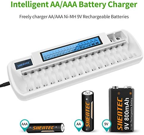 Shentec 16+2 Bay Smart Recarregable Battery Charger com tela LCD para baterias recarregáveis ​​AAA NIMH e Baterias recarregáveis ​​de Li-Ion 9V com adaptador de parede CA