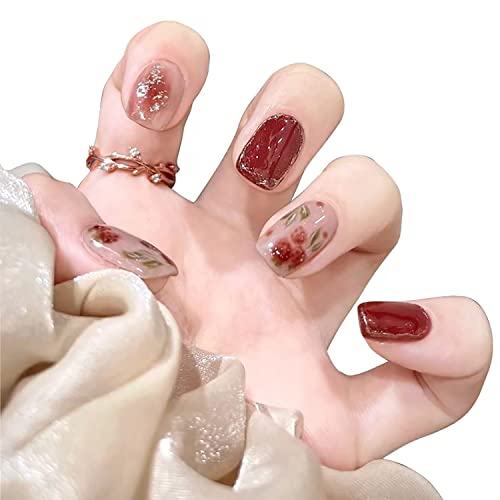 Pressione o outono em unhas curtas unhas falsas com cola em unhas quadradas unhas falsas com folhas de flores design acrílico unhas de tampa completa bastão nas unhas vermelhas unhas artificiais pregos de outono em unhas para mulheres meninas