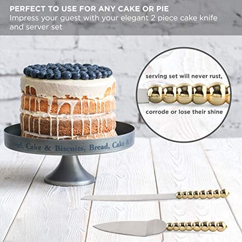 Homi Styles Faca de bolo de casamento e servidor | Cor de ouro elegante com alças de miçangas e lâminas de aço inoxidável