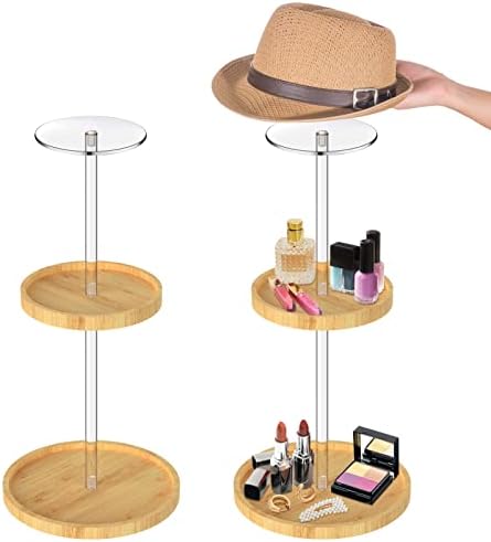2 Definir rack de exibição de peruca de chapéu de acrílico, chapéu de altura ajustável significa exibição com base de bambu, suporte decorativo de chapéu transparente redondo redonda de pedestal de barra