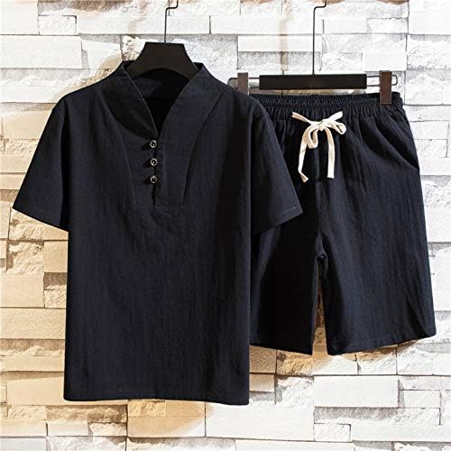 Trajes de linho de algodão Zhuyou para homens de manga curta casual para cima de camisa henley shorts conjuntos de