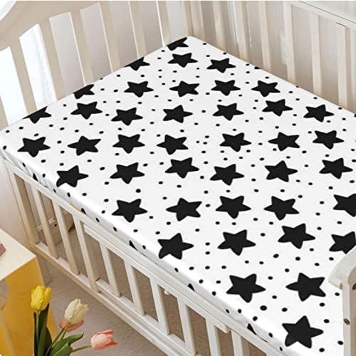 Estrelas com tema Mini folhas de berço, lençóis de mini berço portáteis Criança de colchão de criança macia para meninas meninas, 24 “x38“, preto e branco