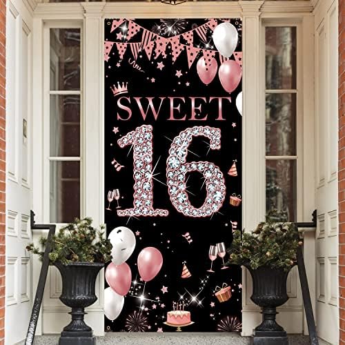 Banner de portas de 16 anos, pano de fundo, feliz 16º aniversário decorações para meninas, doce capa de dezesseis portas de