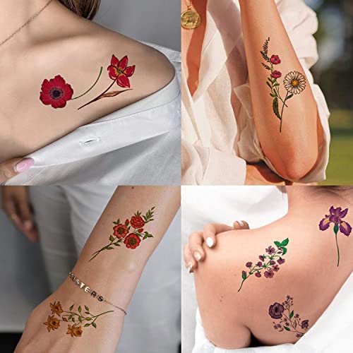 Tazimi 12 lençóis Flores Tatuagens temporárias para mulheres garotas meninas Aquarela Flor Lavanda Girassol Violet Flor Rosa Tattoo adesivo, adesivo de tatuagem temporária falsa para meninas mulheres