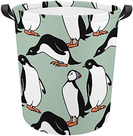 Bolsa de lavanderia Puffins e Penguin com alças cesto de armazenamento à prova d'água redonda dobrável 16,5 x 17,3 polegadas