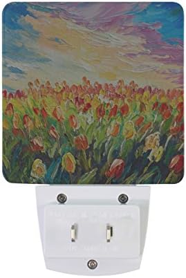 NAANLE Conjunto de 2 belo campo de tulipa com nascer do sol colorido pintura a óleo de céu Arte Automome Sensor Led Dusk to Dawn Night Light Plug in Indoor for Adults