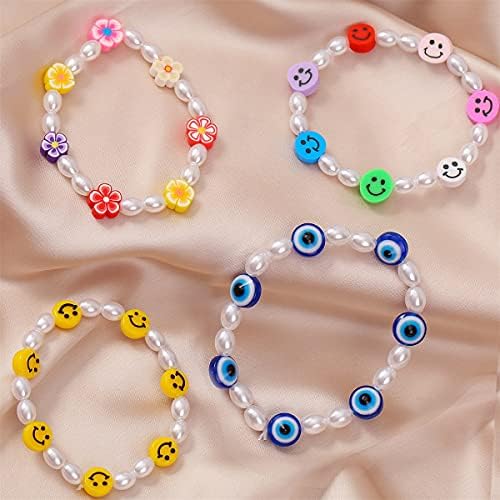 Aitunan Puppy Bracelet Set Y2K Smile Face Pearl Flower Evil Eye Kandi Y2K Mada artesanal FUNCIONAL FUNCIONAL Estética Pulseira