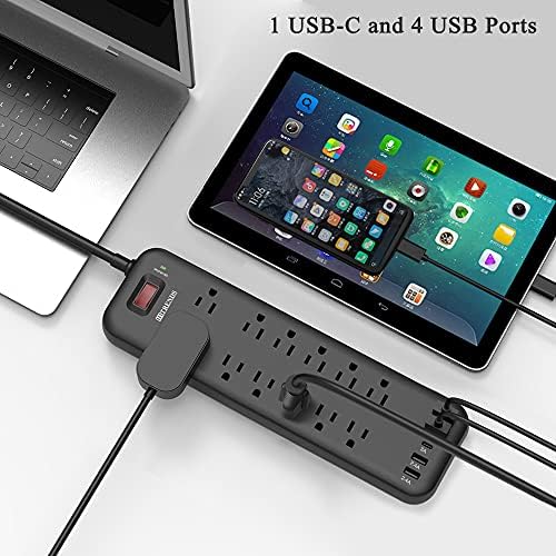 Protetor de punção de faixa elétrica com 12 pontos de venda e 4 portas USB e 1 porta USB -C, 2360 Joules, plugue plano angular, lojas