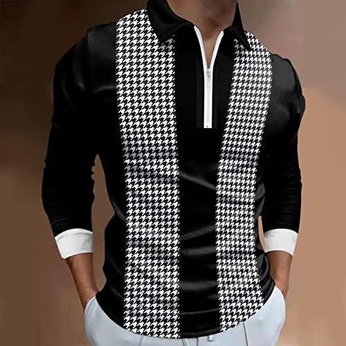 1/4 de zíper de Wocachi Men camisas pólo, outono no inverno de luva longa Houndstooth Patchwork Golf Tops Casual Muscle Shirt